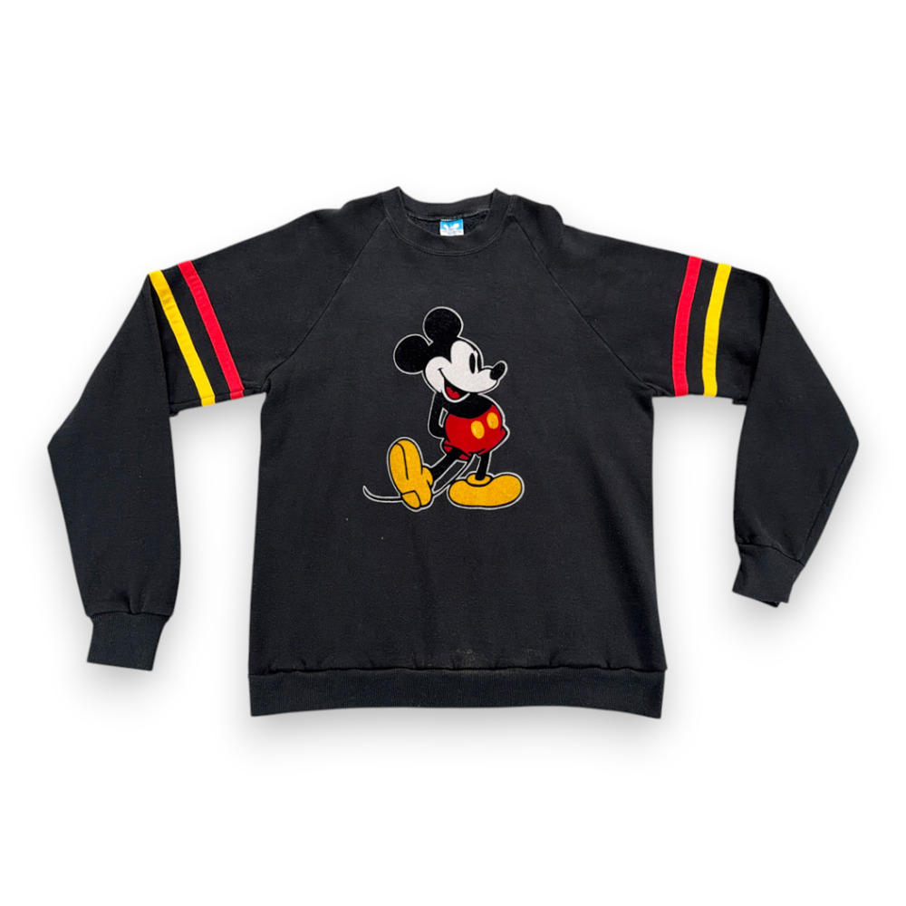 Vintage Mickey Mouse Sweater Adult MEDIUM Black Disney Sweatshirt Stripe USA 80s